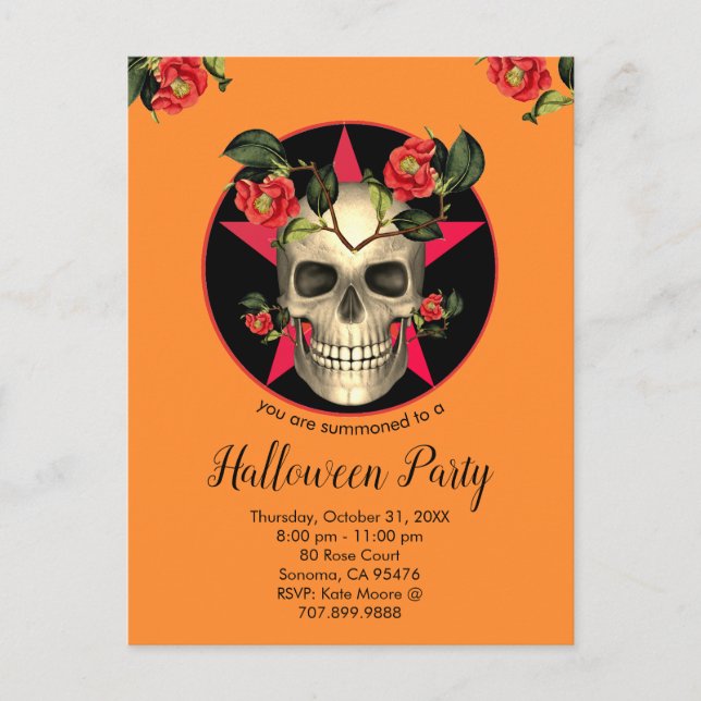 Postal De Invitación Fiesta De Halloween De Calaveras Y Flores (Anverso)