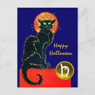 POSTAL DE INVITACIÓN FIESTA DE HALLOWEEN DEL GATO NEGRO MONOGRAMA