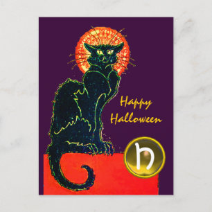 POSTAL DE INVITACIÓN FIESTA DE HALLOWEEN DEL GATO NEGRO MONOGRAMA