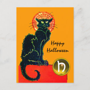 POSTAL DE INVITACIÓN FIESTA DE HALLOWEEN DEL GATO NEGRO MONOGRAMA