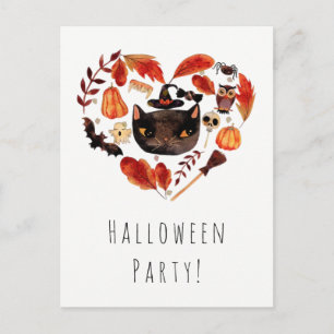 Postal De Invitación Fiesta de Halloween Gato Negro Acuarela Caprichosa