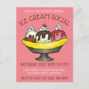 Postal De Invitación Fiesta de helado social postre banana split sundae