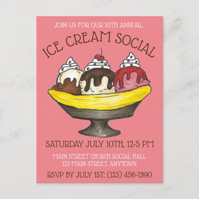 Postal De Invitación Fiesta de Helado Social Postre Banana Split Sundae (Anverso)