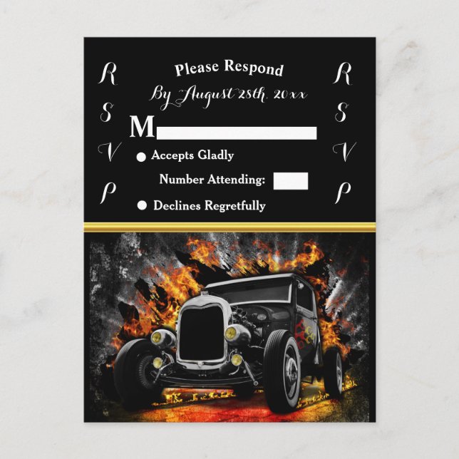 Postal De Invitación fiesta de Hot Rod RSVP con fuego de boda (Anverso)