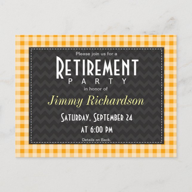 Postal De Invitación Fiesta de Jubilación Amber Naranja Gingham (Anverso)