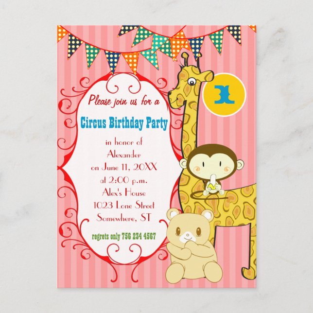 Postal De Invitación Fiesta de la jirafa del mono elefante de circo de  (Anverso)