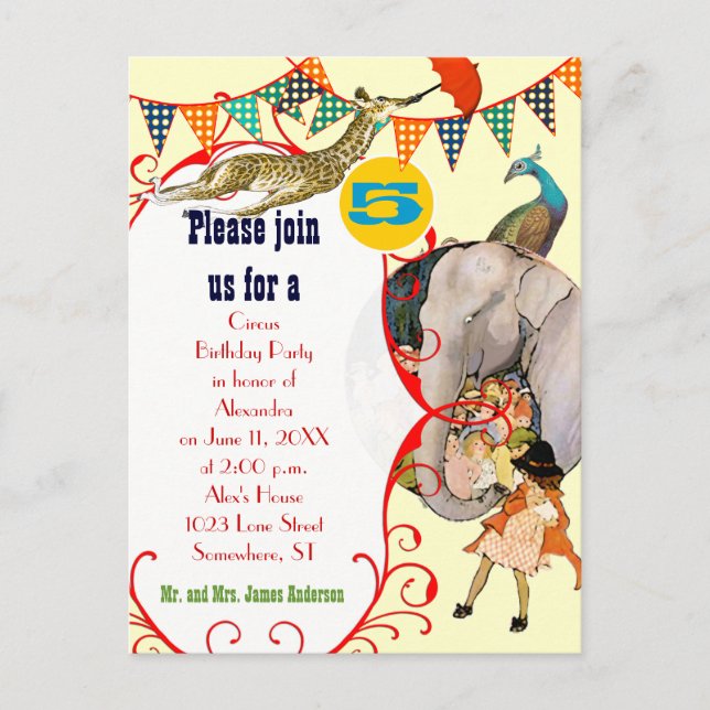 Postal De Invitación Fiesta de la jirafa del pavo real elefante en circ (Anverso)