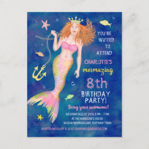 Postal De Invitación Fiesta de la piscina de la sirena cumpleaños bajo 