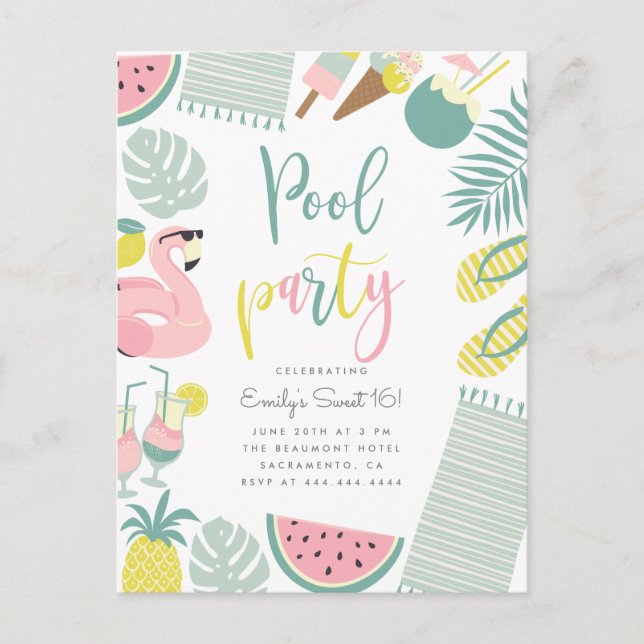 Postal De Invitación Fiesta de la piscina de verano de moda Script Swee (Anverso)