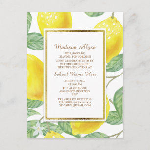 Postal De Invitación Fiesta de limones amarillos hojas verdes tronco bl