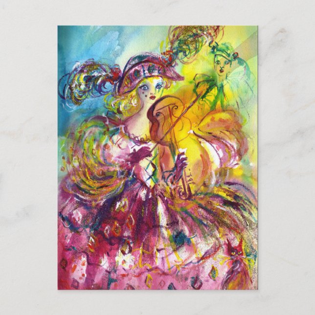 Postal De Invitación FIESTA DE MARDI GRAS disfraz de violinista Arlecch (Anverso)