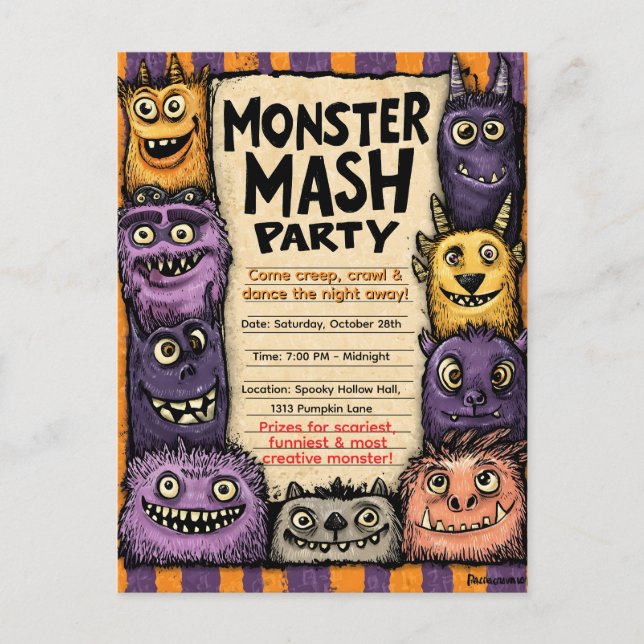 Postal De Invitación "Fiesta de Monster Mash" con Monstruos Adorables (Anverso)