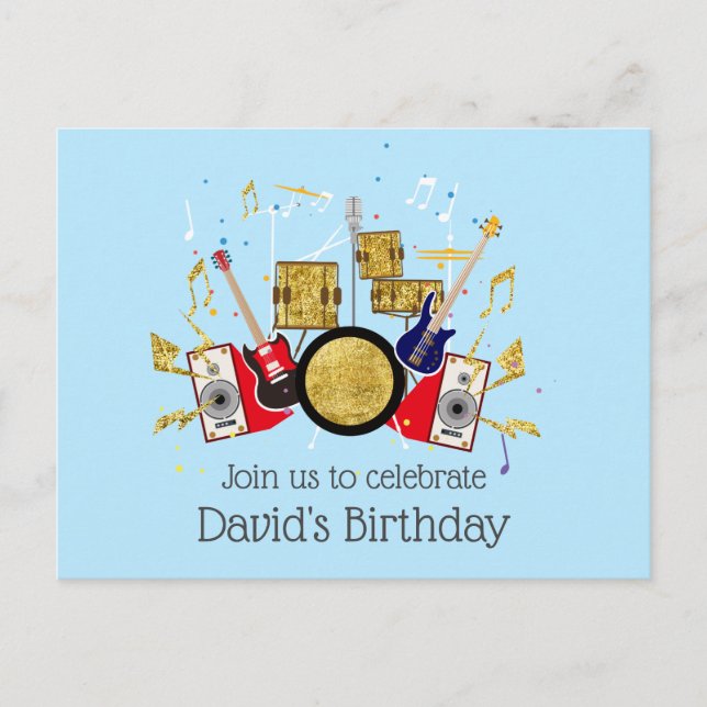 Postal De Invitación fiesta de música, batería de guitarra set musical (Anverso)