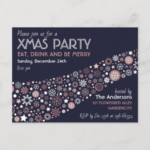 Postal De Invitación Fiesta de Navidad Rosa Dorado Blanco Copos de Niev