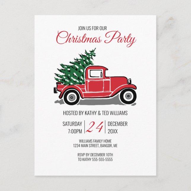 Postal De Invitación Fiesta de Navidades de árbol de pinos de camiones  (Anverso)
