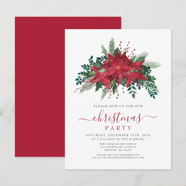 Postal De Invitación Fiesta de Navidades de escritura floral de Poinset (Anverso / Reverso)