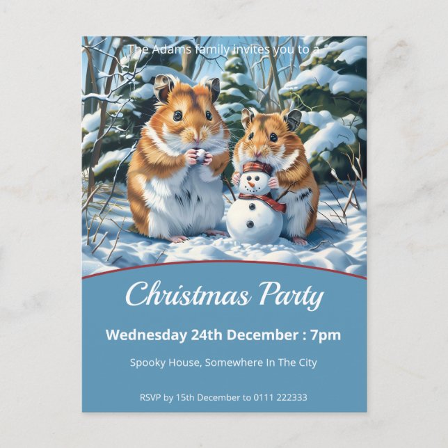 Postal De Invitación Fiesta de Navidades de Hamsters y Snowman (Anverso)