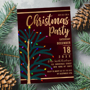 Postal De Invitación Fiesta de Navidades de la Artsy Gold Burgundy Tree