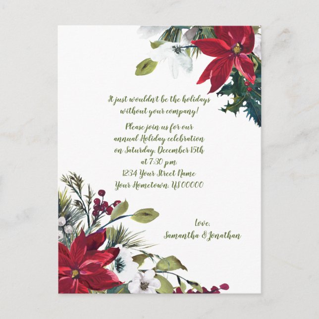 Postal De Invitación Fiesta de Navidades de Poinsettias Holly Berries (Anverso)
