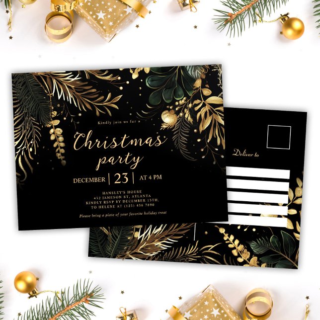 Postal De Invitación Fiesta de Navidades elegantes de oro negro (Black Gold Elegant Christmas Party Holiday Invitation Postcard)