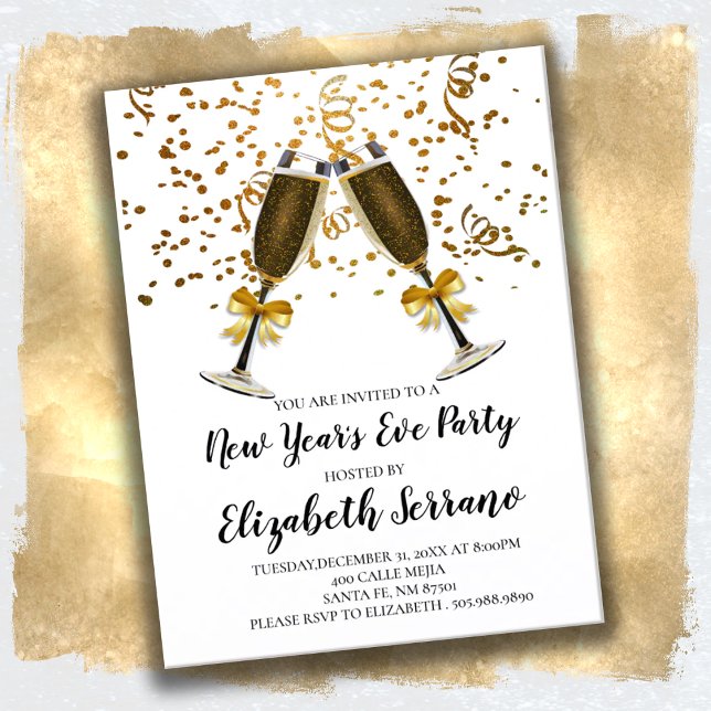 Postal De Invitación Fiesta de Nochevieja Blanco de Oro de Champagne (Subido por el creador)