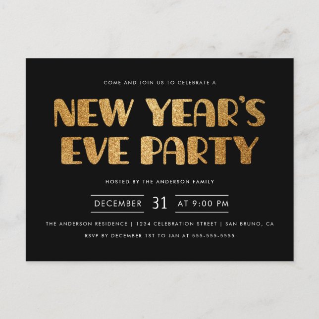 Postal De Invitación Fiesta de Nochevieja de Purpurina de Oro Moderno (Anverso)