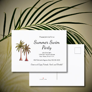 Postal De Invitación Fiesta de piscina de verano de palmeras tropicales