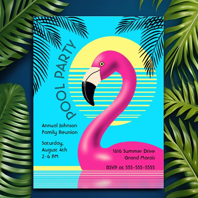Postal De Invitación Fiesta de piscina Flamingo Float Retro Summer Trop (Tropical flamingo summer family reunion invitation)