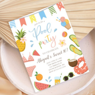 Postal De Invitación Fiesta de piscina para Chicas Dulce 16 Cumpleaños