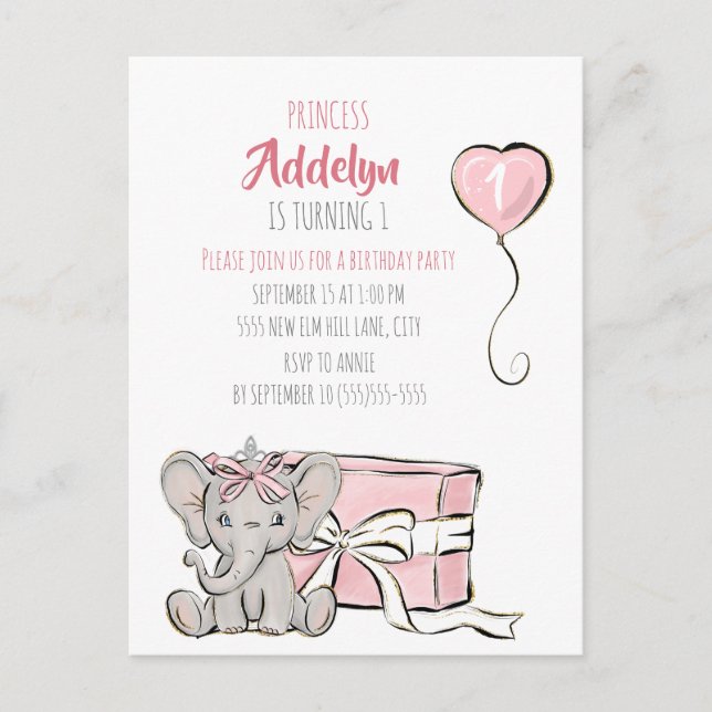Postal De Invitación Fiesta de primer cumpleaños de la princesa rosa El (Anverso)