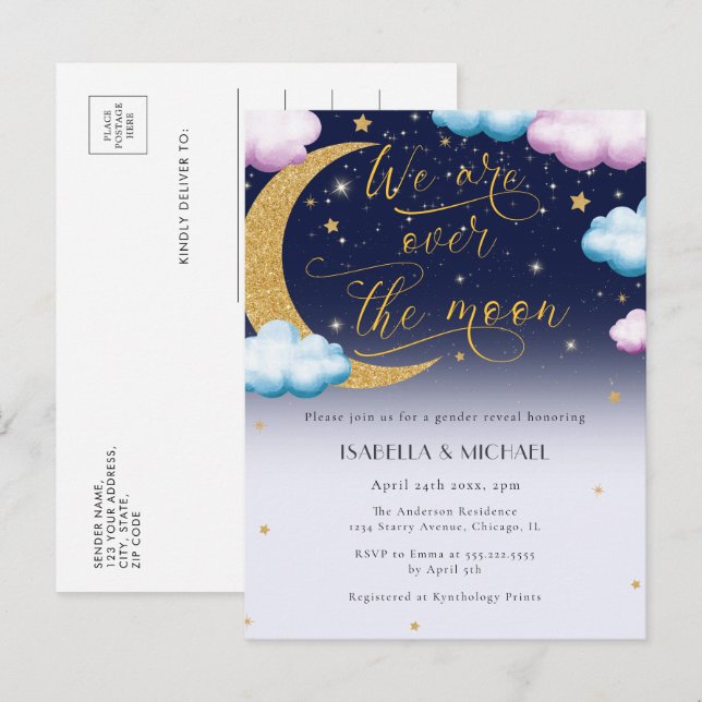 Postal De Invitación Fiesta de revelación de género en la luna (Anverso / Reverso)