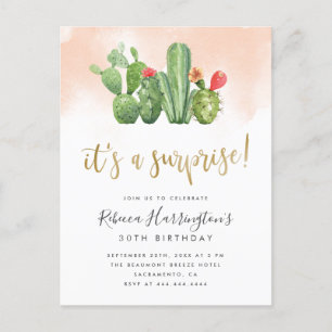 Postal De Invitación Fiesta de sorpresa de Cactus y Acuarela Rubor de M