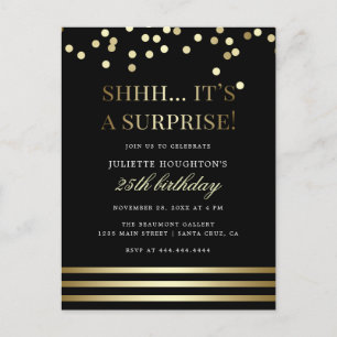 Postal De Invitación Fiesta de sorpresa de Confetti negro y dorado
