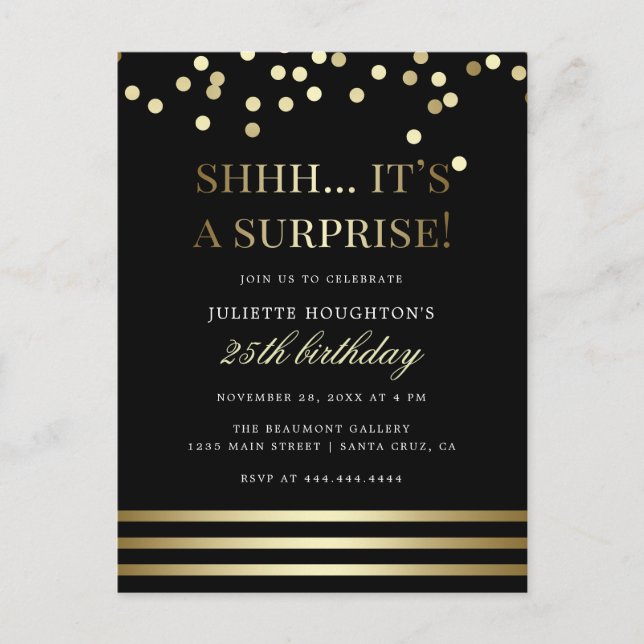 Postal De Invitación Fiesta de sorpresa de Confetti negro y dorado (Anverso)