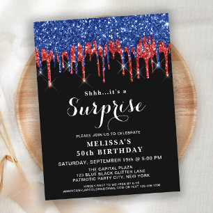 Postal De Invitación Fiesta de sorpresa del Purpurina azul rojo patriót