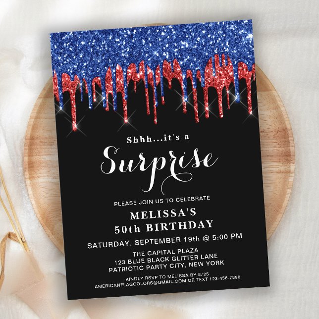 Postal De Invitación Fiesta de sorpresa del Purpurina azul rojo patriót (Subido por el creador)