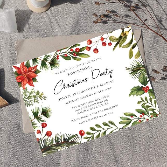 Postal De Invitación Fiesta de vacaciones de Navidades de guión de vege (Botanical Red Berries Greenery Script Christmas Party Invitation)