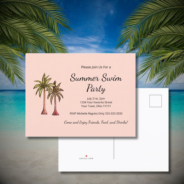 Postal De Invitación Fiesta de verano de la piscina tropical de palmera (Subido por el creador)