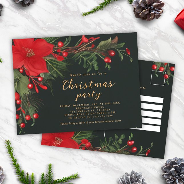 Postal De Invitación Fiesta del feriado botánico rojo verde navidades (Christmas Green Red Botanical Holiday Party Invitation Postcard)