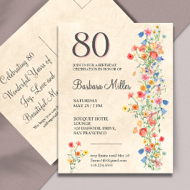 Postal De Invitación Fiesta elegante de cumpleaños 80 floral