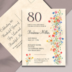 Postal De Invitación Fiesta elegante de cumpleaños 80 floral