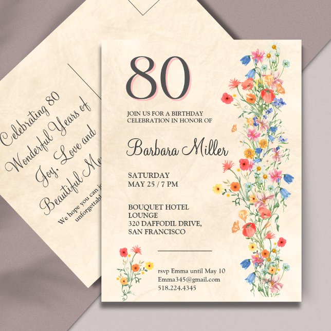Postal De Invitación Fiesta elegante de cumpleaños 80 floral (Subido por el creador)