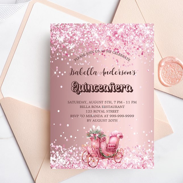 Postal De Invitación Fiesta elegante de transporte rosa Quinceanera (Subido por el creador)