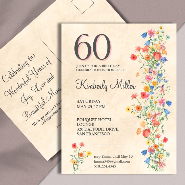 Postal De Invitación Fiesta floral elegante de cumpleaños 60 (Subido por el creador)