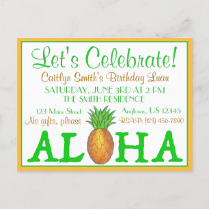 Postal De Invitación Fiesta Luau de Isla Tropical Piña Hawaii Aloha