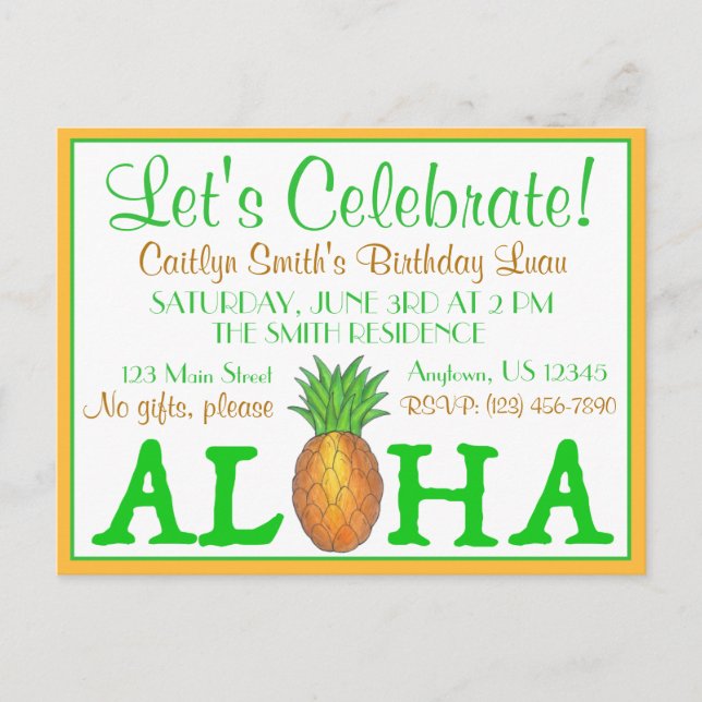 Postal De Invitación Fiesta Luau de la Isla Tropical Piña Hawaii Aloha (Anverso)