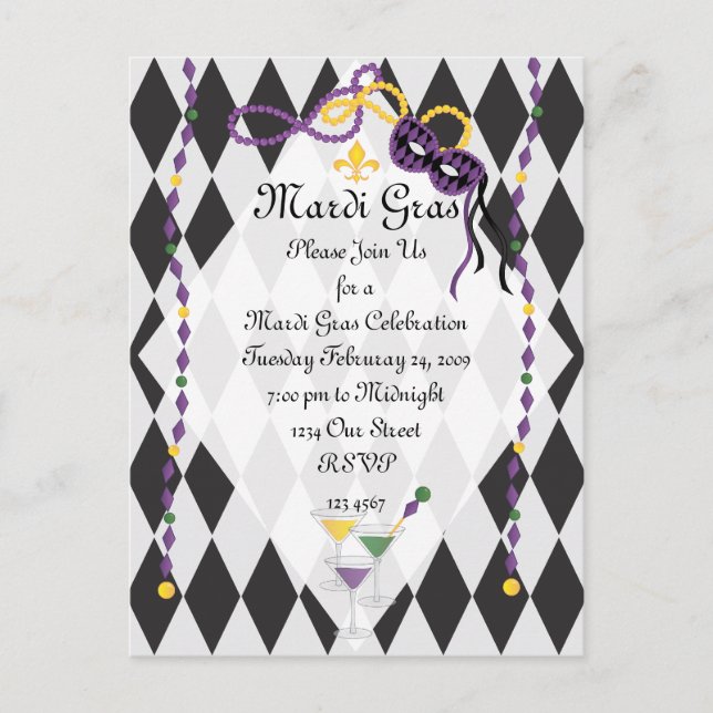 Postal De Invitación Fiesta Mardi Gras (Anverso)