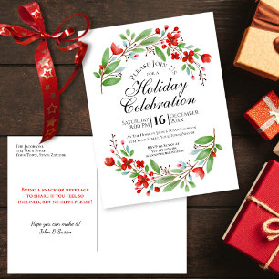 Postal De Invitación Fiesta navideña de Bonitos florales acuarelas