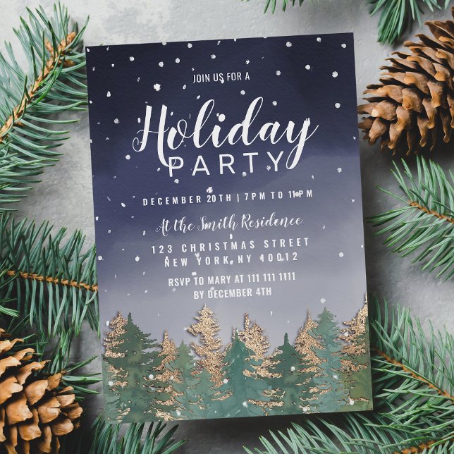 Postal De Invitación Fiesta navideña de nevadas de la marina de inviern (Winter Navy Watercolor Snow Trees Holiday Party )
