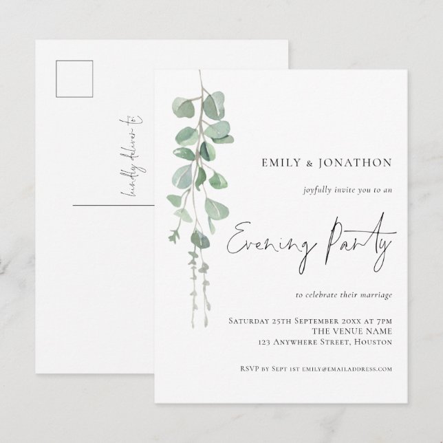 Postal De Invitación Fiesta nocturno de acuarela Eucalyptus Boda (Anverso / Reverso)